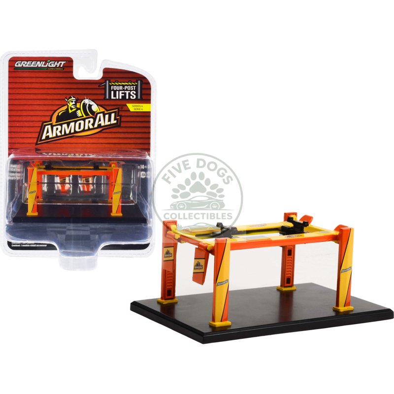 adjustable four post lift "armorall" orange and yellow "four post lifts" series 4 1/64 diecast model by greenlight