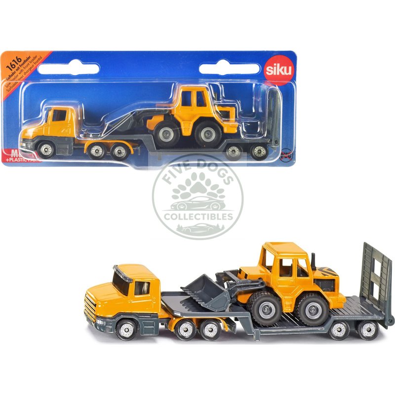truck with low loader trailer and front loader yellow diecast model by siku