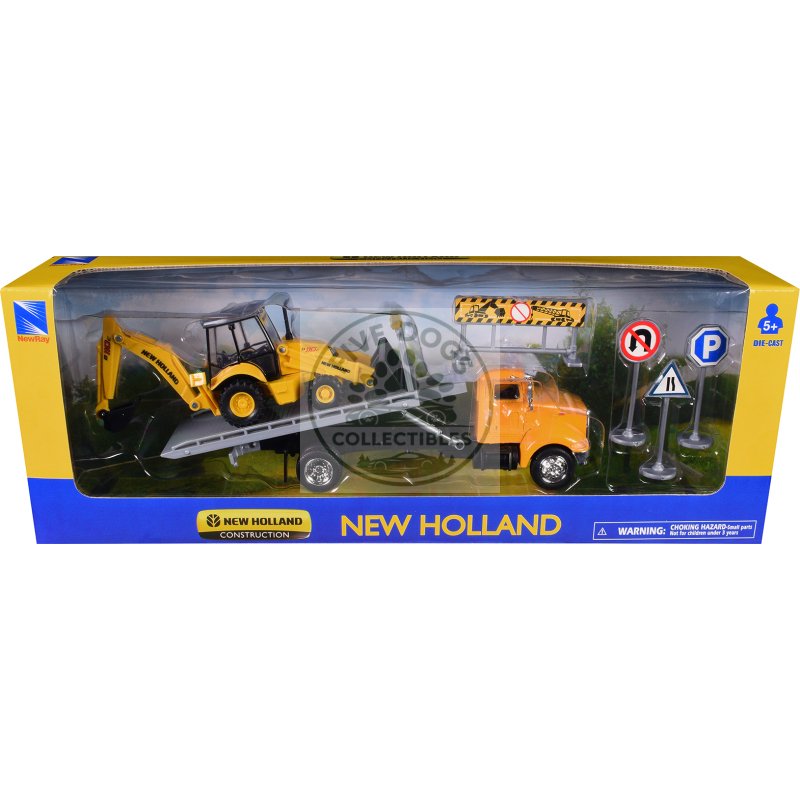 peterbilt 335 roll off flatbed truck and new holland b110c backhoe loader with street signs "new holland construction" diecast models by new ray