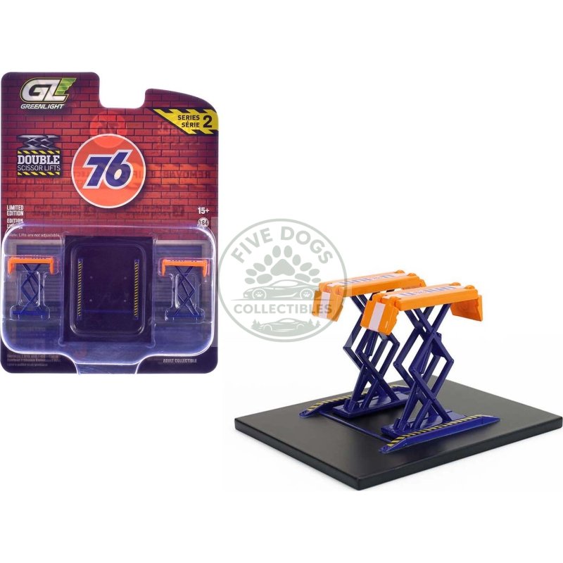 automotive double scissor lift "union 76" orange and blue "double scissor lifts" series 2 1/64 diecast model by greenlight