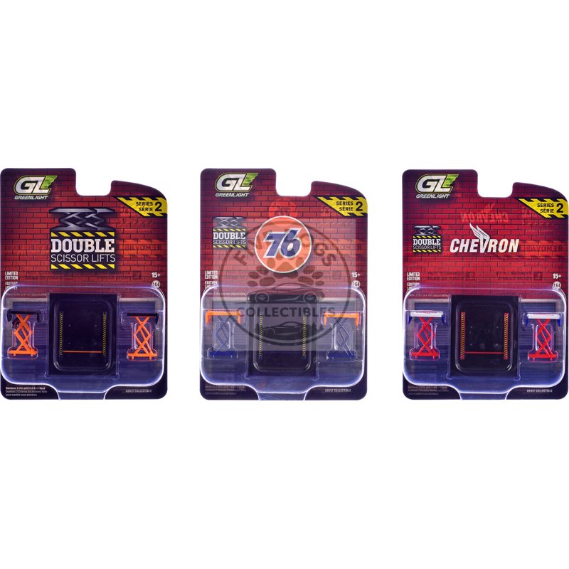 automotive "double scissor lifts" series #2 set of 3 pieces 1/64 diecast models by greenlight