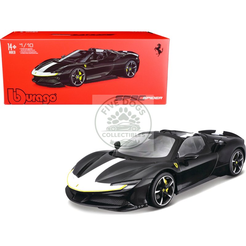ferrari sf90 spider assetto fiorano black metallic with white stripes "signature series" 1/18 diecast model car by bburago