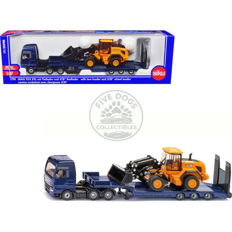 man truck blue metallic with low loader trailer and jcb 457 wheel loader yellow 1/87 (ho) diecast model by siku