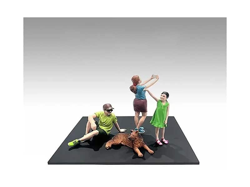 Dog lovers figurine set with children and a dog on a black platform, collectible art piece. Dog lovers figurine set with children and a dog on a black platform, collectible art piece.