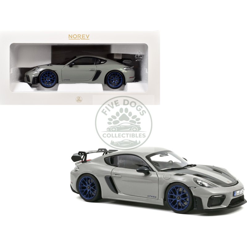 2023 porsche cayman gt4 rs weissach pack chalk gray with carbon hood stripes 1/18 diecast model car by norev