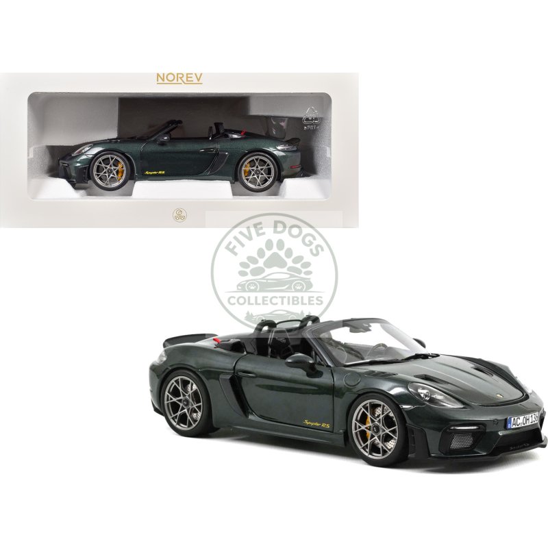 2023 porsche 718 spyder rs weissach pack forest green metallic with carbon hood stripes 1/18 diecast model car by norev