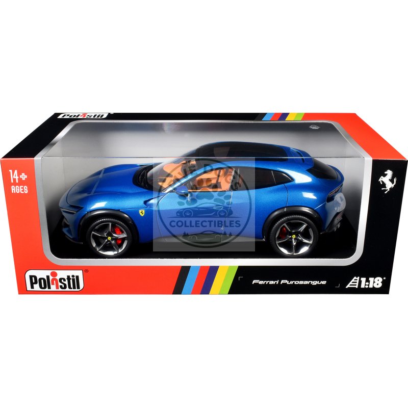 2022 ferrari purosangue blu corsa blue metallic with black top and orange interior 1/18 diecast model car by polistil