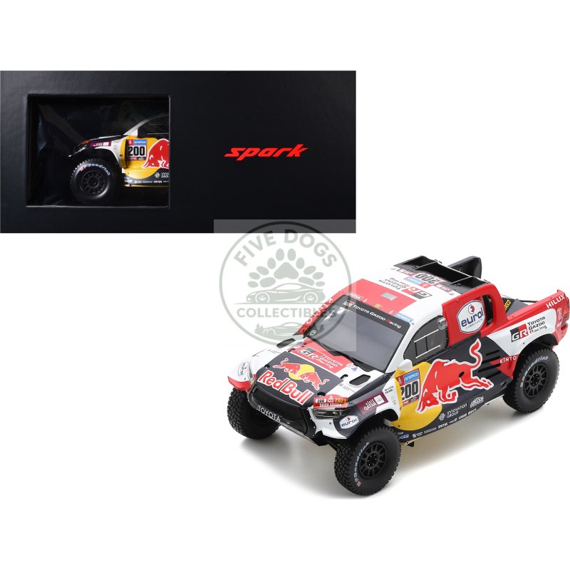 toyota gr skr hilux t1+ pickup truck #200 nasser al attiyah mathieu baumel "toyota gazoo racing" winner "dakar rally" (2023) with acrylic display case 1/18 model car by spark