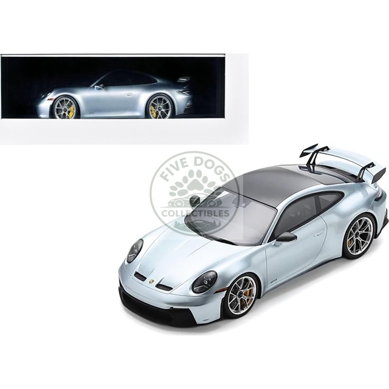 2022 porsche 911 (992) gt3 azzuro thetys metallic with black top with acrylic display case 1/18 model car by schuco