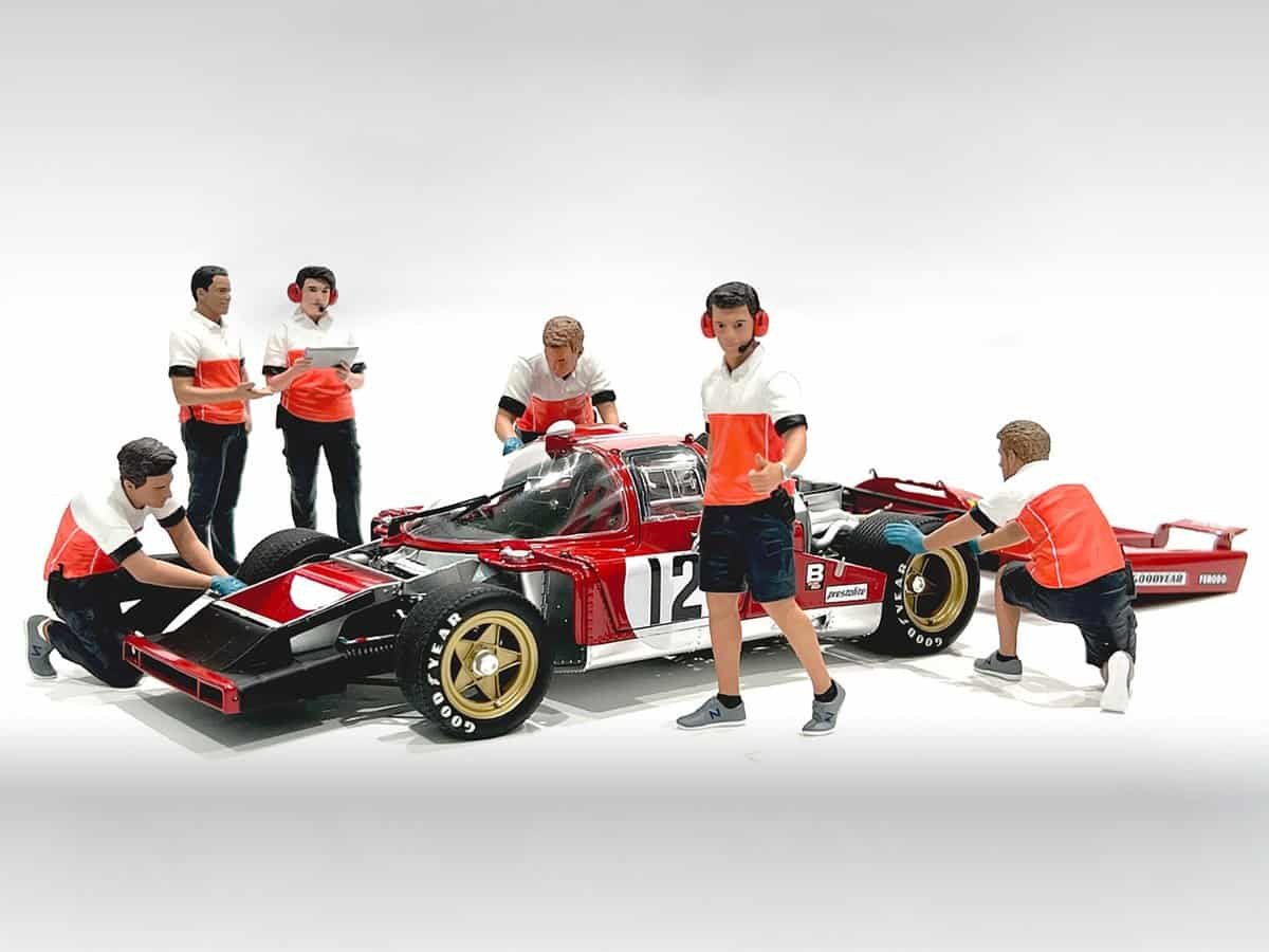 F1 Race Car Collectible with Kids Playing Detailed image of a vintage F1 race car collectible with six children engaging around it.