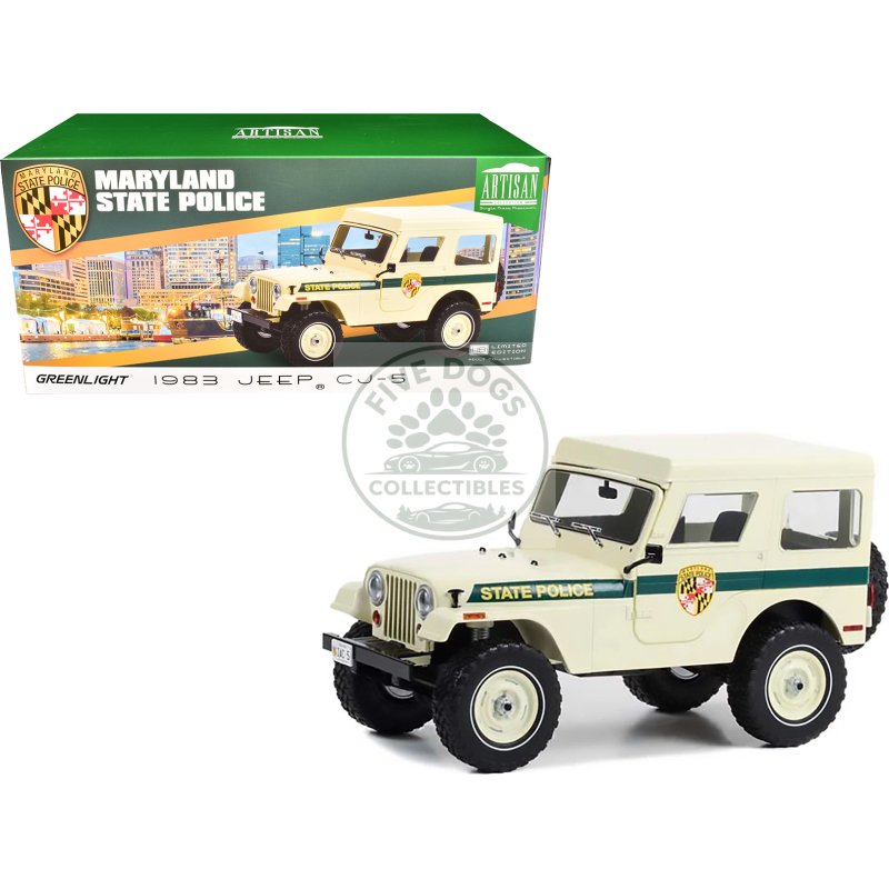 1983 jeep cj 5 hardtop "maryland state police" beige with green stripes "artisan collection" series 1/18 diecast model car by greenlight