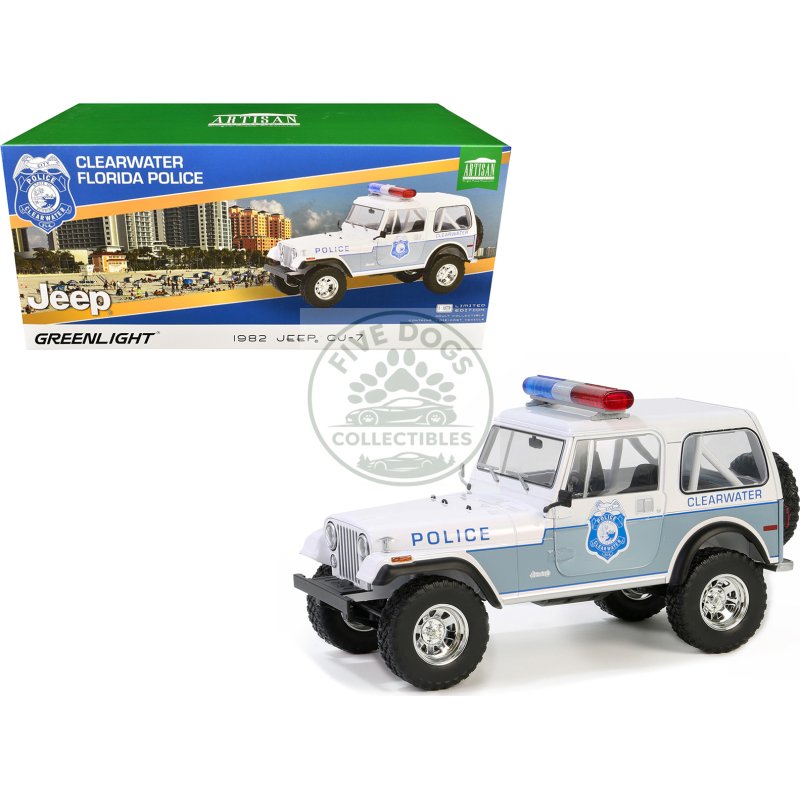 1982 jeep cj 7 "clearwater florida police department" white and light blue "artisan collection" series 1/18 diecast model car by greenlight