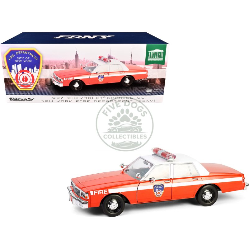 1987 chevrolet caprice 9c1 "fdny (the official fire department city of new york)" red with white top and stripes "artisan collection" 1/18 diecast model car by greenlight