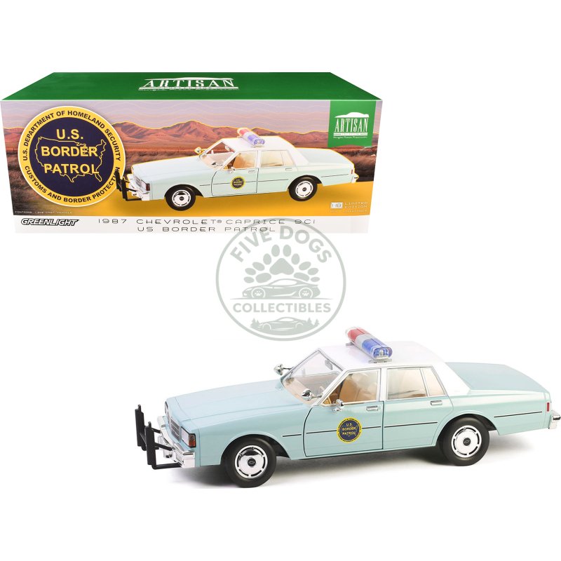 1987 chevrolet caprice 9c1 "us border patrol" light green with white top "artisan collection" 1/18 diecast model car by greenlight