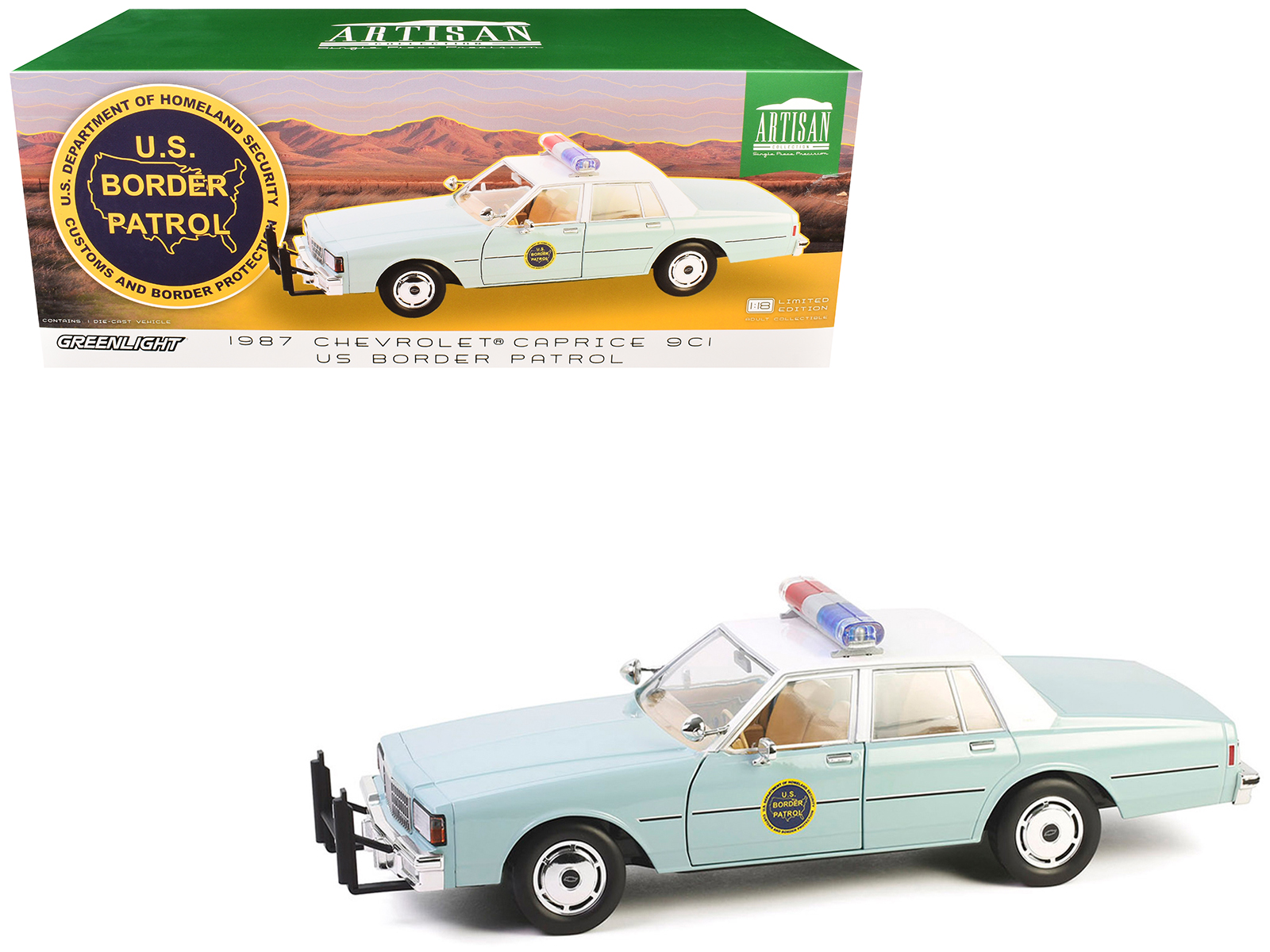 1987 chevrolet caprice 9c1 "us border patrol" light green with white top "artisan collection" 1/18 diecast model car by greenlight 1987 chevrolet caprice 9c1 "us border patrol" light green with white top "artisan collection" 1/18 diecast model car by greenlight