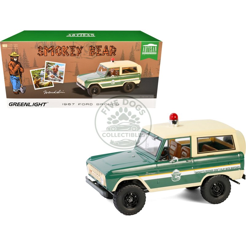 1967 ford bronco "smokey bear forest ranger" green and cream with white stripes "artisan collection" 1/18 diecast model car by greenlight