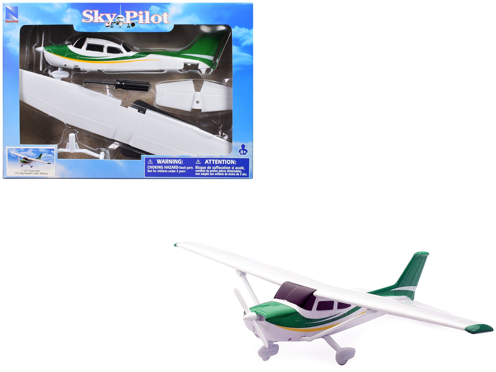 model kit cessna 172 skyhawk aircraft white with green and yellow stripes "sky pilot" series 1/42 plastic model kit by new ray model kit cessna 172 skyhawk aircraft white with green and yellow stripes "sky pilot" series 1/42 plastic model kit by new ray