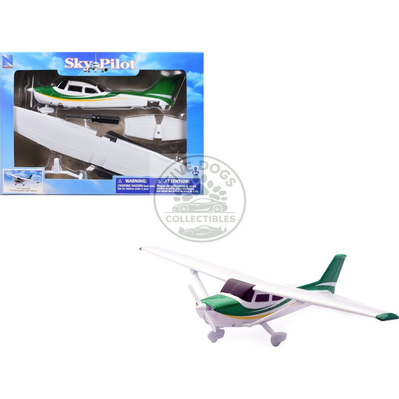 model kit cessna 172 skyhawk aircraft white with green and yellow stripes "sky pilot" series 1/42 plastic model kit by new ray