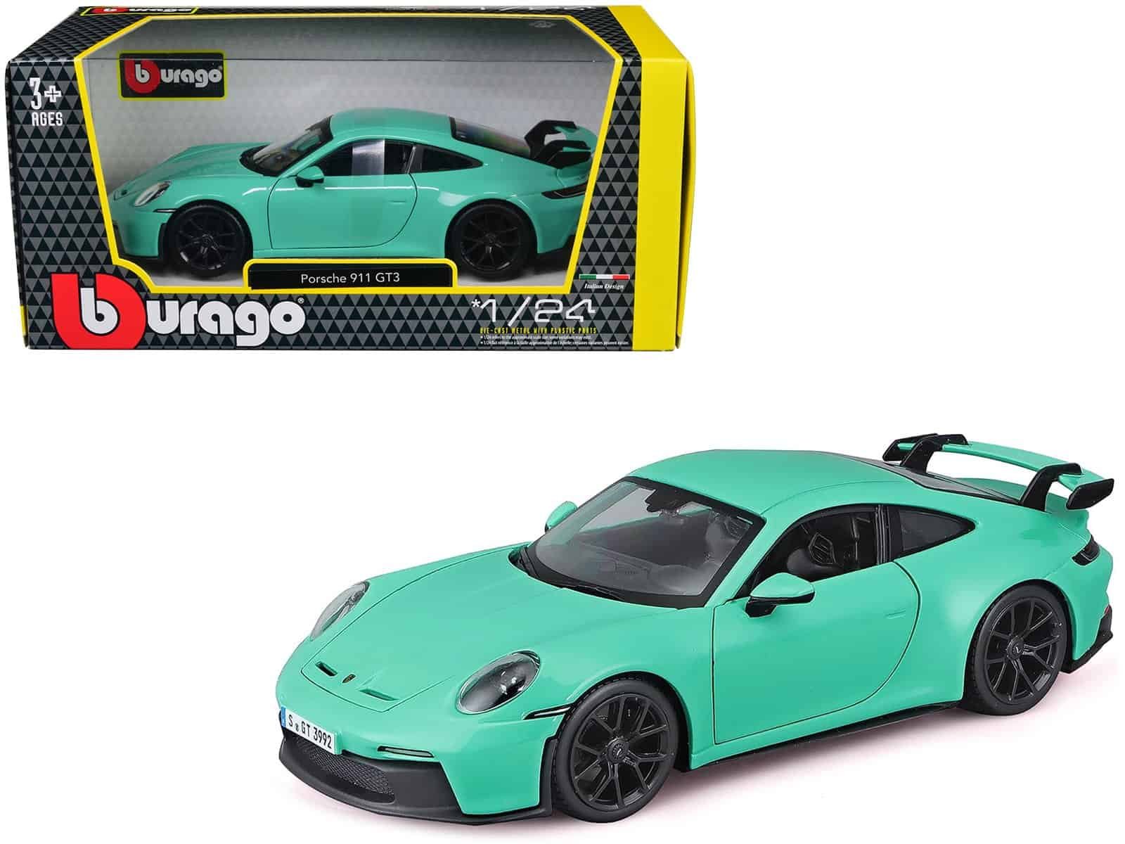 Porsche 911 GT3 Diecast Model Diecast Porsche 911 GT3 toy car in turquoise, detailed collectible model for car enthusiasts.