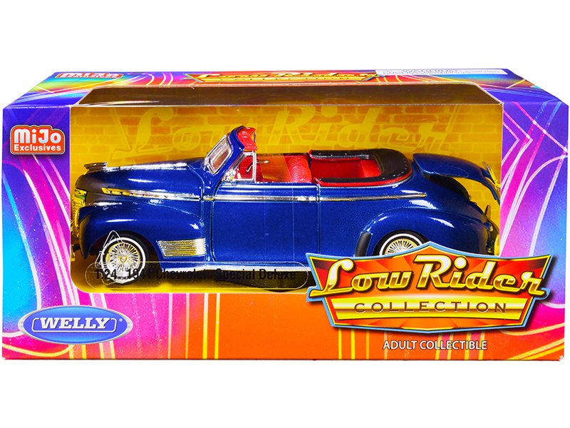 1941 chevrolet special deluxe convertible candy blue metallic with red interior "low rider collection" 1/24 diecast model car by welly 1941 chevrolet special deluxe convertible candy blue metallic with red interior "low rider collection" 1/24 diecast model car by welly