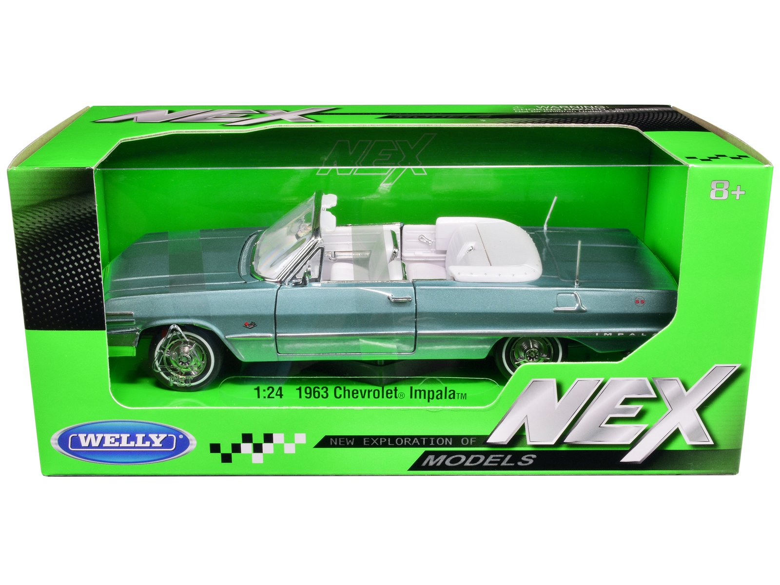 1963 chevrolet impala convertible light blue metallic with white interior "nex models" 1/24 diecast model car by welly 1963 chevrolet impala convertible light blue metallic with white interior "nex models" 1/24 diecast model car by welly