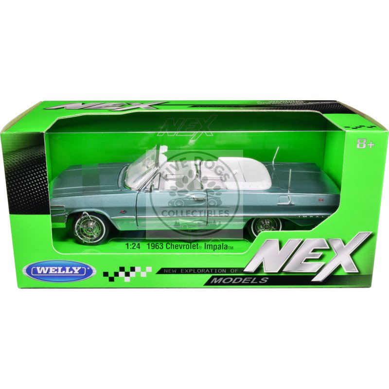1963 chevrolet impala convertible light blue metallic with white interior "nex models" 1/24 diecast model car by welly