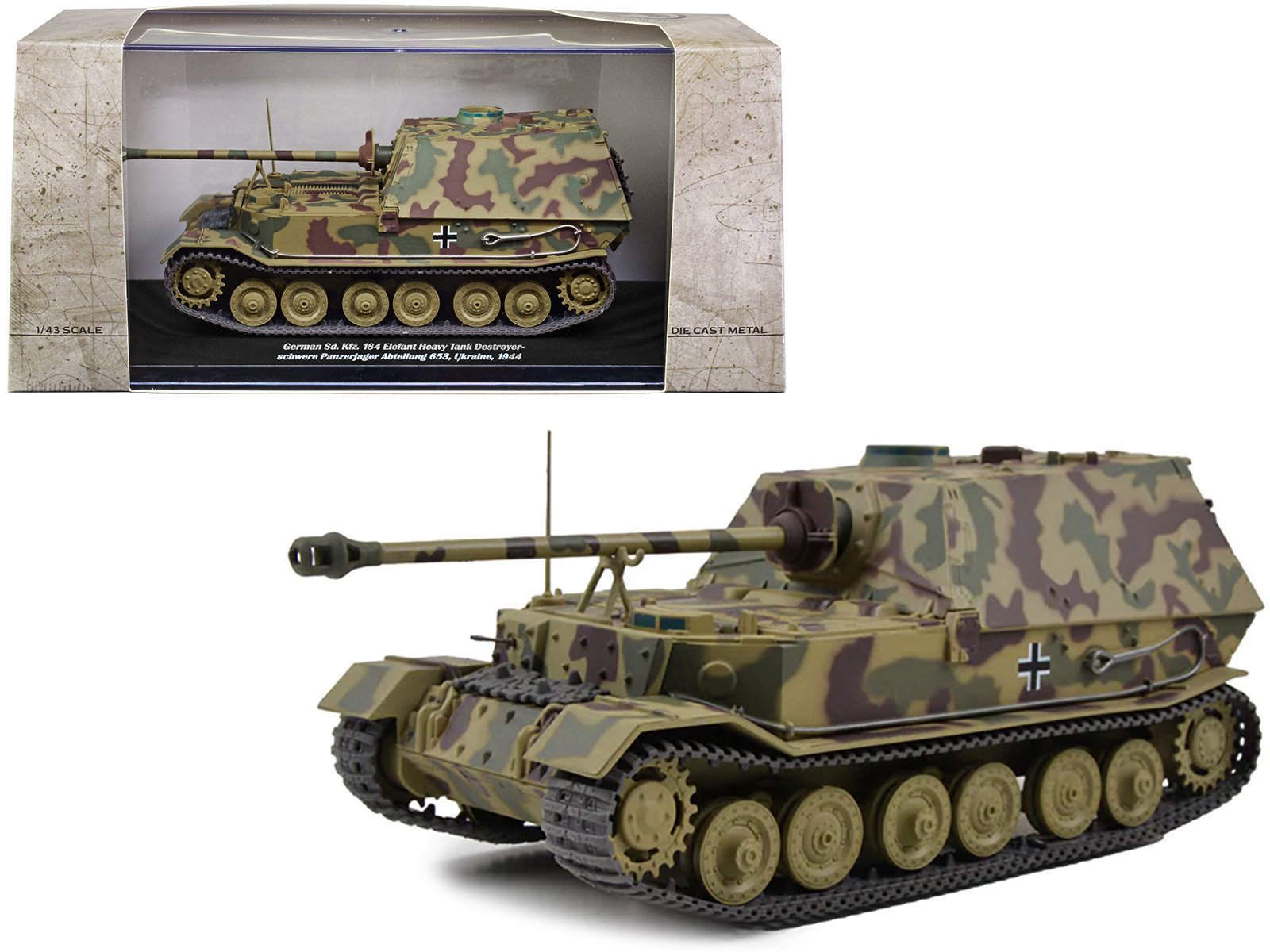 german sd. kfz. 184 elefant heavy tank destroyer "schwere panzerjager abteilung 653 ukraine 1944" 1/43 diecast model by afvs of wwii german sd. kfz. 184 elefant heavy tank destroyer "schwere panzerjager abteilung 653 ukraine 1944" 1/43 diecast model by afvs of wwii