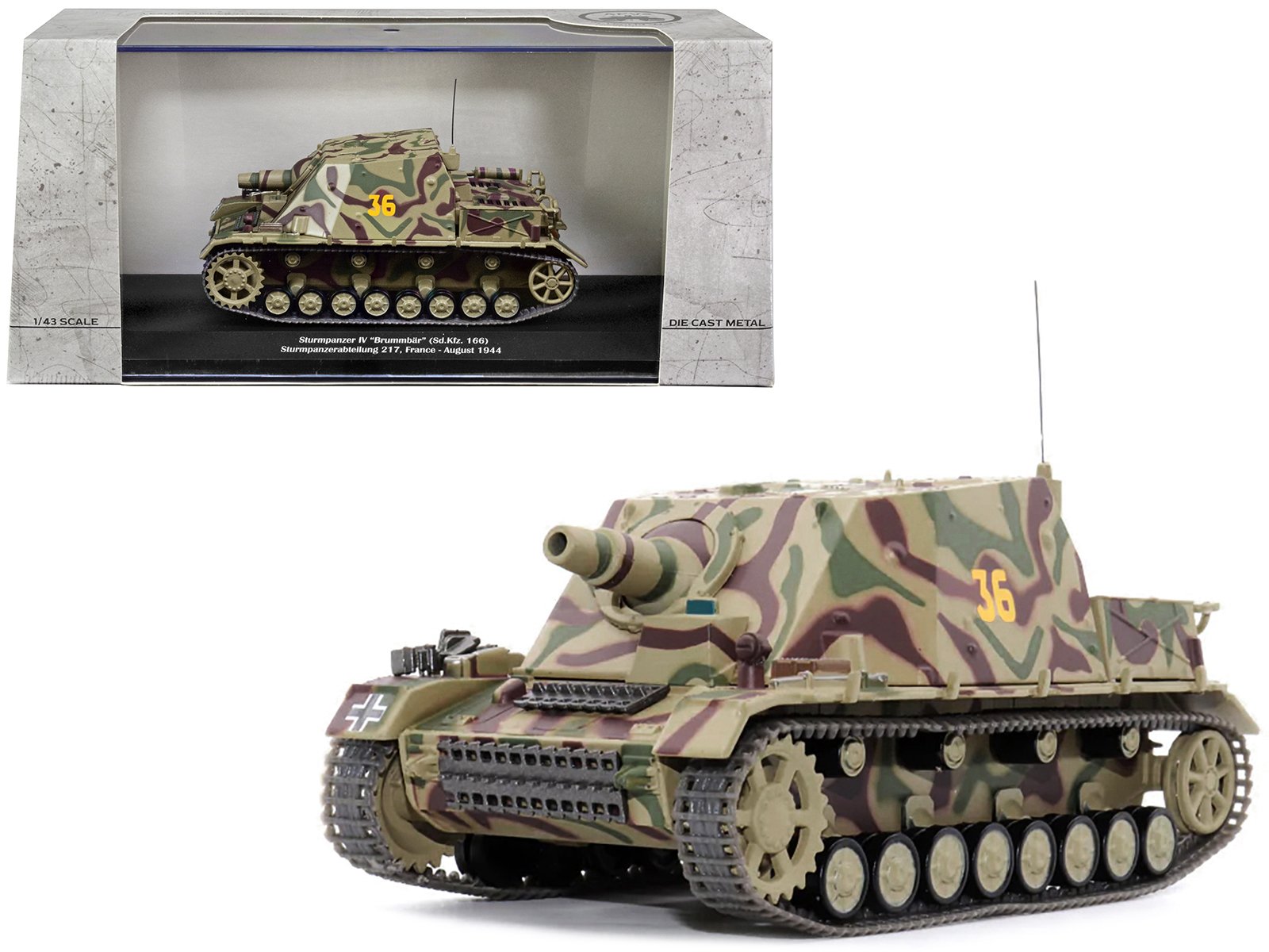 german sd. kfz. 166 "sturmpanzer iv" "brummbar" #36 "germany sturmpanzerabteilung 217 france august 1944" 1/43 diecast model by afvs of wwii german sd. kfz. 166 "sturmpanzer iv" "brummbar" #36 "germany sturmpanzerabteilung 217 france august 1944" 1/43 diecast model by afvs of wwii