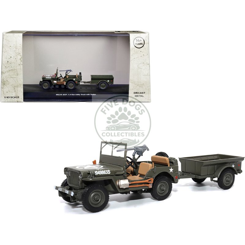 willys jeep 1/4 ton utility truck olive drab with trailer "united states army" 1/43 diecast model by militaria die cast
