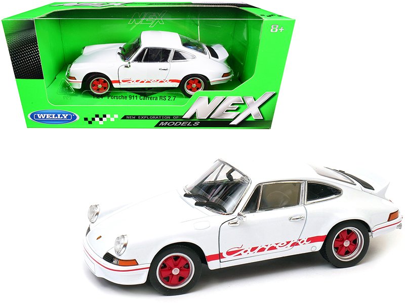 porsche 911 carrera rs 2.7 white with red stripes "nex models" 1/24 diecast model car by welly porsche 911 carrera rs 2.7 white with red stripes "nex models" 1/24 diecast model car by welly