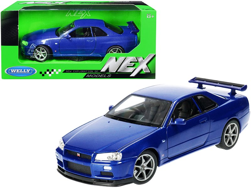 nissan skyline gt r (r34) rhd (right hand drive) blue metallic "nex models" 1/24 diecast model car by welly nissan skyline gt r (r34) rhd (right hand drive) blue metallic "nex models" 1/24 diecast model car by welly