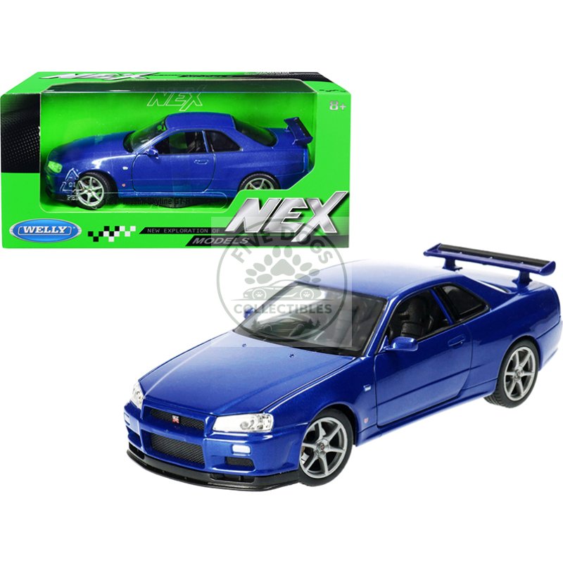 nissan skyline gt r (r34) rhd (right hand drive) blue metallic "nex models" 1/24 diecast model car by welly