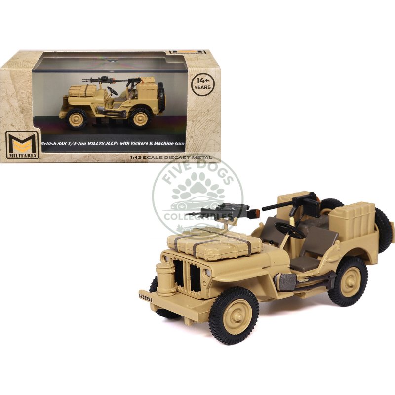 british sas 1/4 ton willys jeep with vickers k machine gun desert sand "british royal army" 1/43 diecast model by militaria die cast