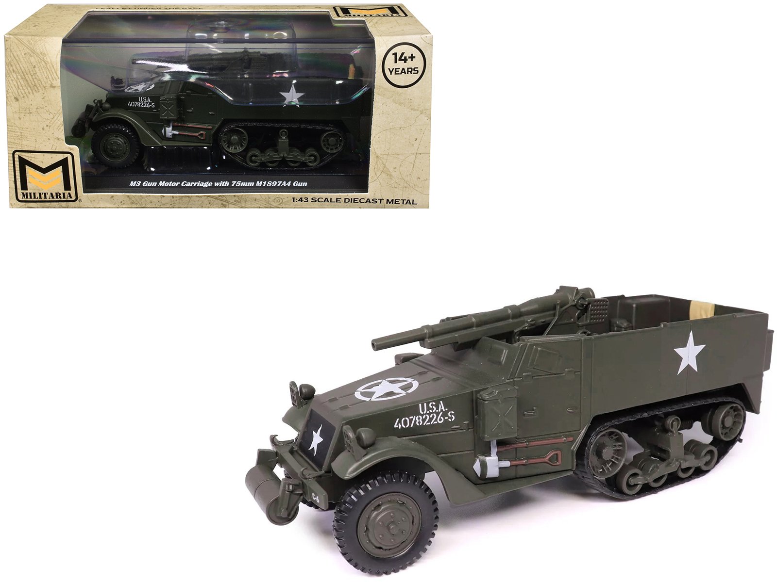 m3 gun motor carriage with 75mm m1897a4 gun olive drab "united states army" 1/43 diecast model by militaria die cast m3 gun motor carriage with 75mm m1897a4 gun olive drab "united states army" 1/43 diecast model by militaria die cast