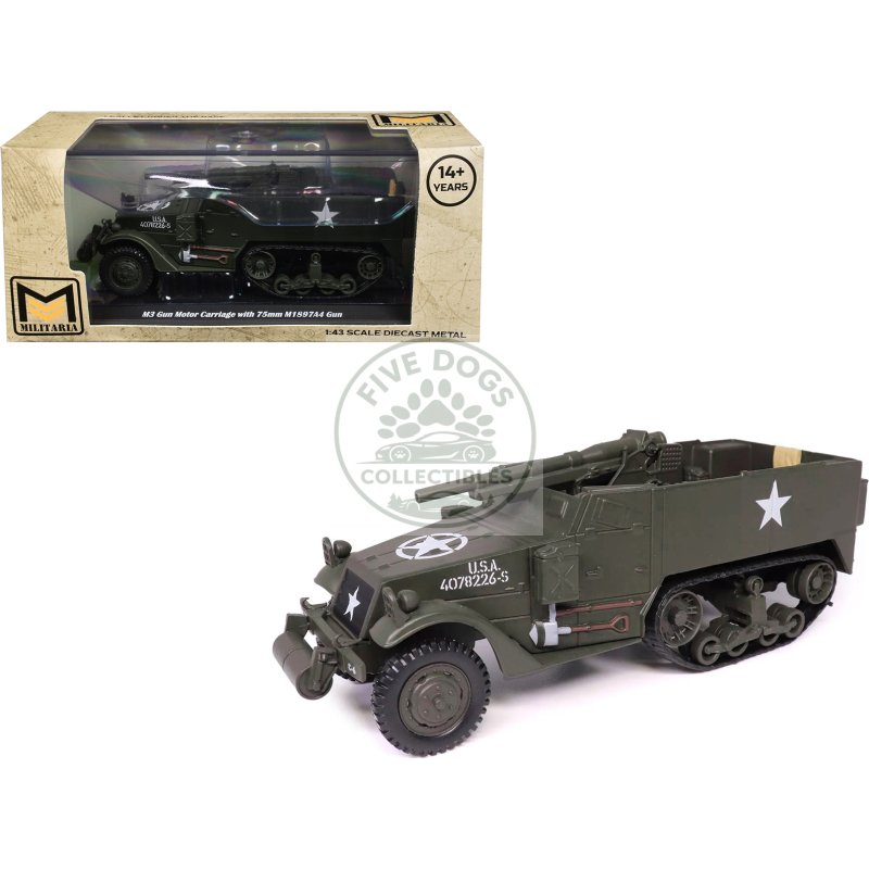 m3 gun motor carriage with 75mm m1897a4 gun olive drab "united states army" 1/43 diecast model by militaria die cast