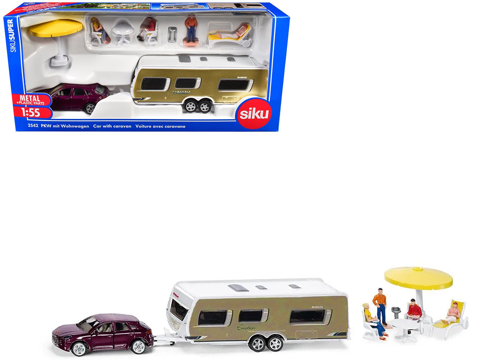 porsche macan turbo maroon metallic and dethleffs exclusiv emotion caravan with figures and camp accessories set 1/55 diecast model by siku porsche macan turbo maroon metallic and dethleffs exclusiv emotion caravan with figures and camp accessories set 1/55 diecast model by siku