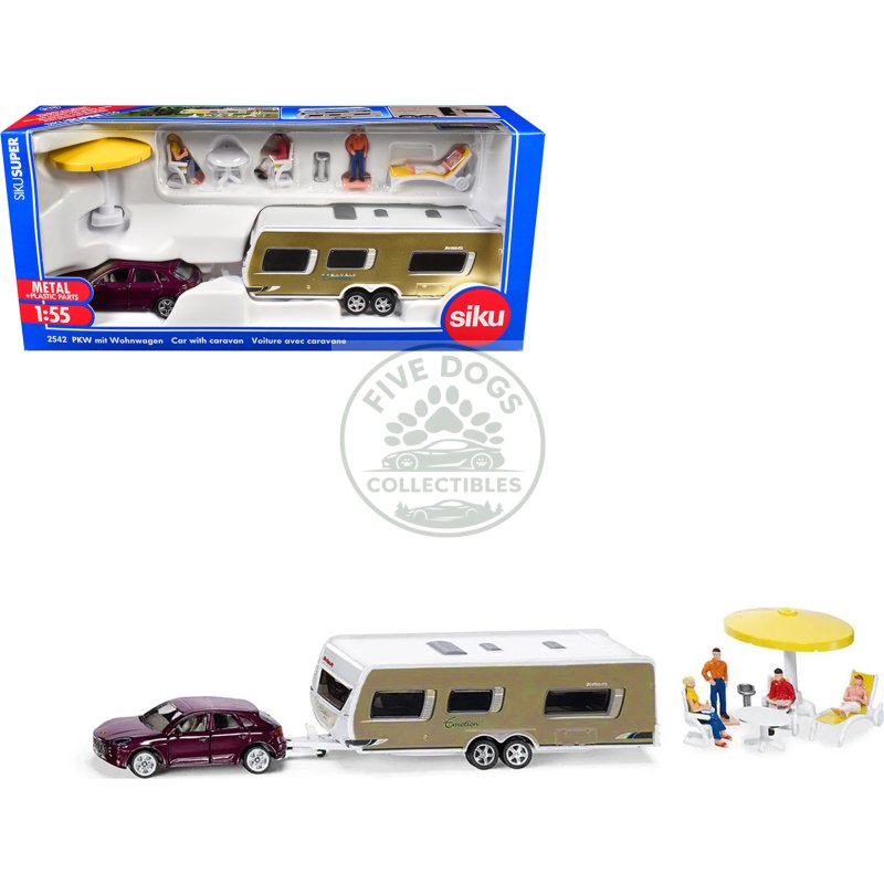 porsche macan turbo maroon metallic and dethleffs exclusiv emotion caravan with figures and camp accessories set 1/55 diecast model by siku
