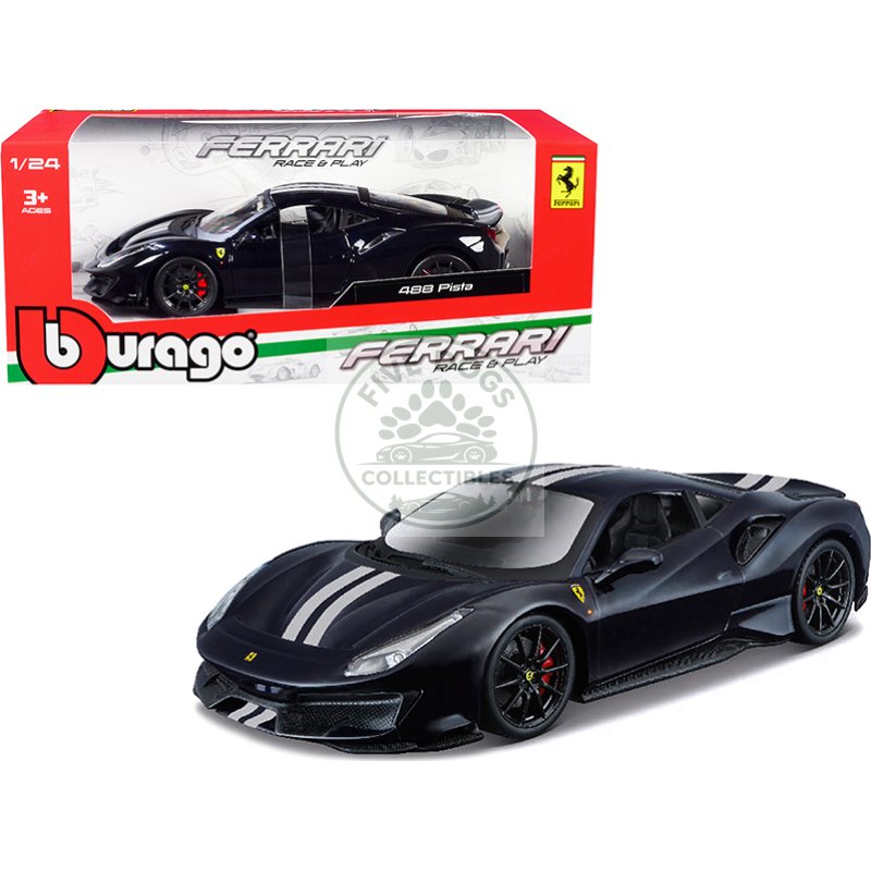 ferrari 488 pista dark blue metallic with silver stripes 1/24 diecast model car by bburago