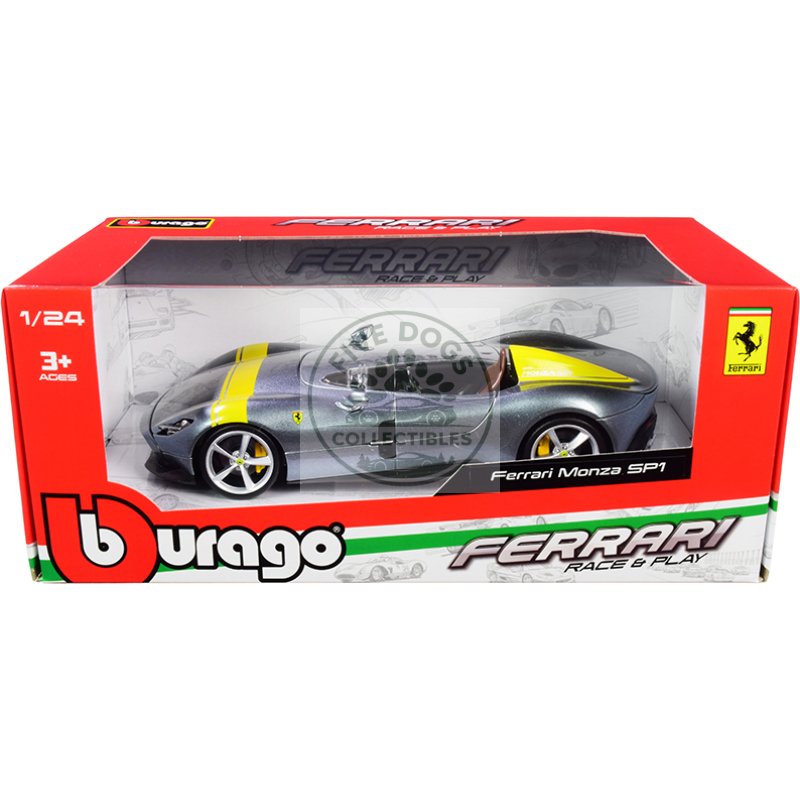 ferrari monza sp1 silver metallic with yellow stripes 1/24 diecast model car by bburago