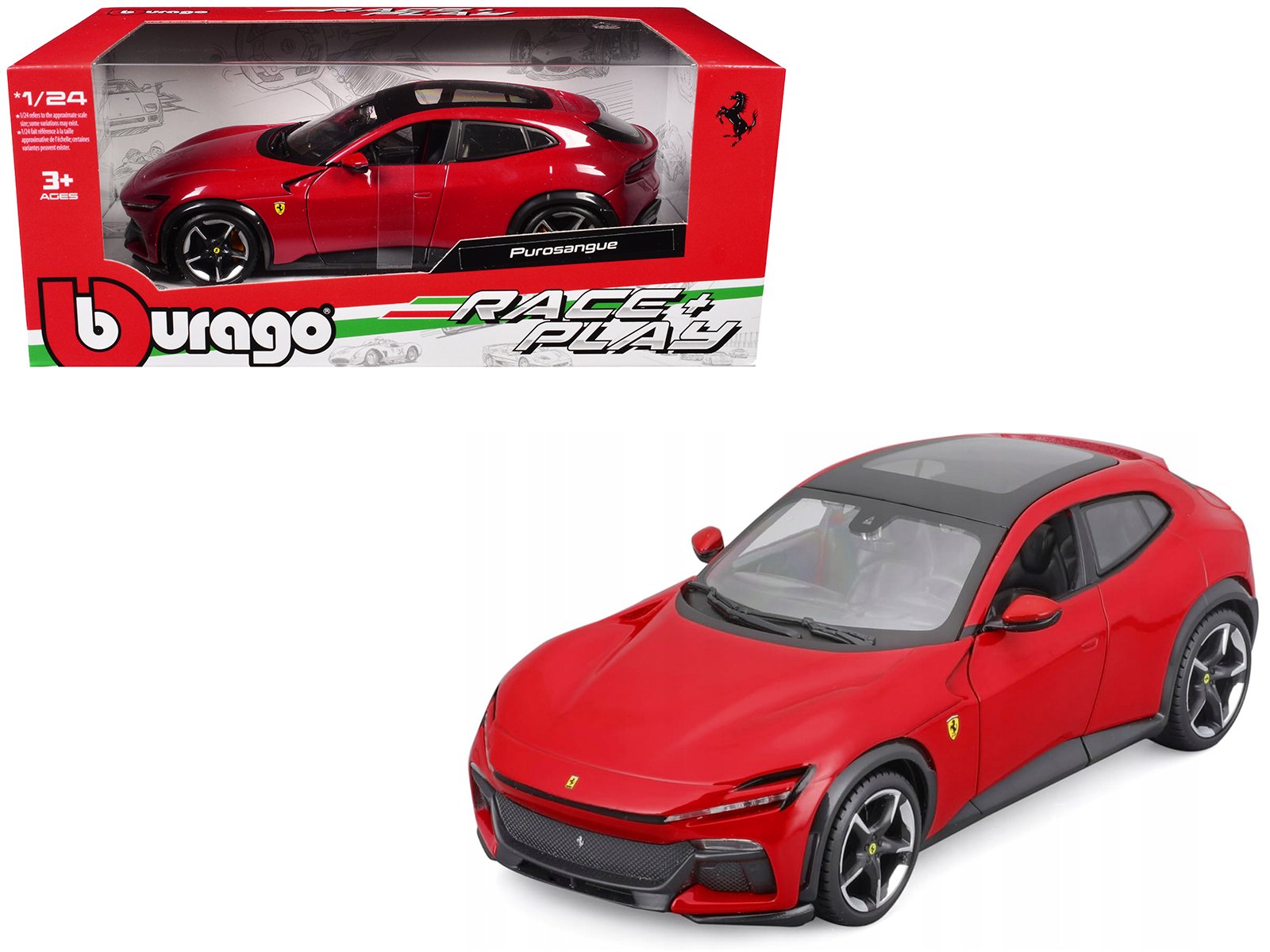 ferrari purosangue red with sunroof "race + play" series 1/24 diecast model car by bburago ferrari purosangue red with sunroof "race + play" series 1/24 diecast model car by bburago