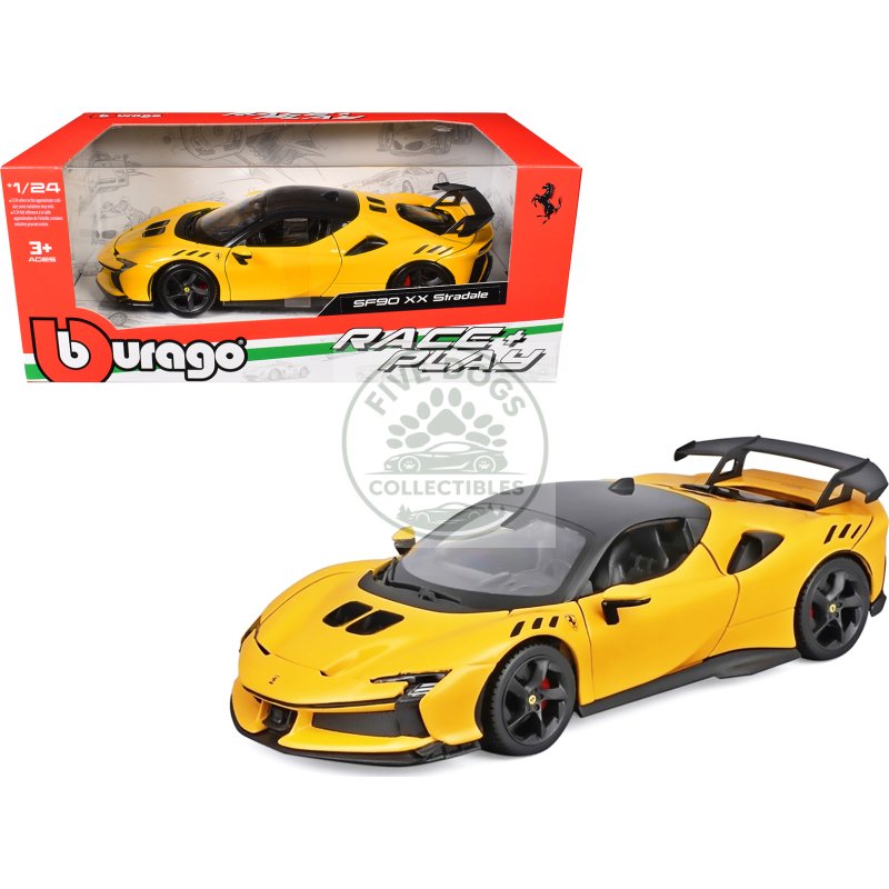 ferrari sf90 xx stradale yellow with black top "race and play" series 1/24 diecast model car by bburago