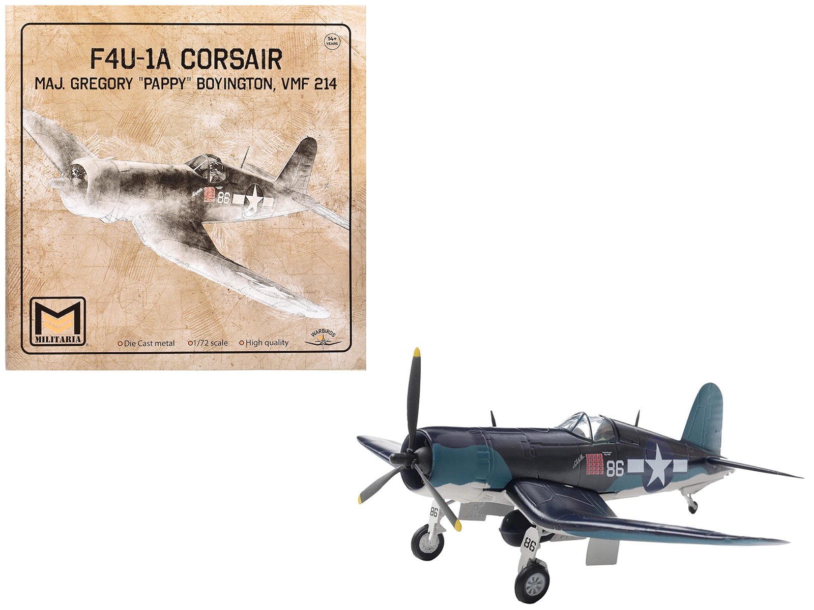 vought f4u 1a corsair fighter aircraft "maj. gregory "pappy" boyington vmf 214" united states marine corps 1/72 diecast model by militaria die cast vought f4u 1a corsair fighter aircraft "maj. gregory "pappy" boyington vmf 214" united states marine corps 1/72 diecast model by militaria die cast