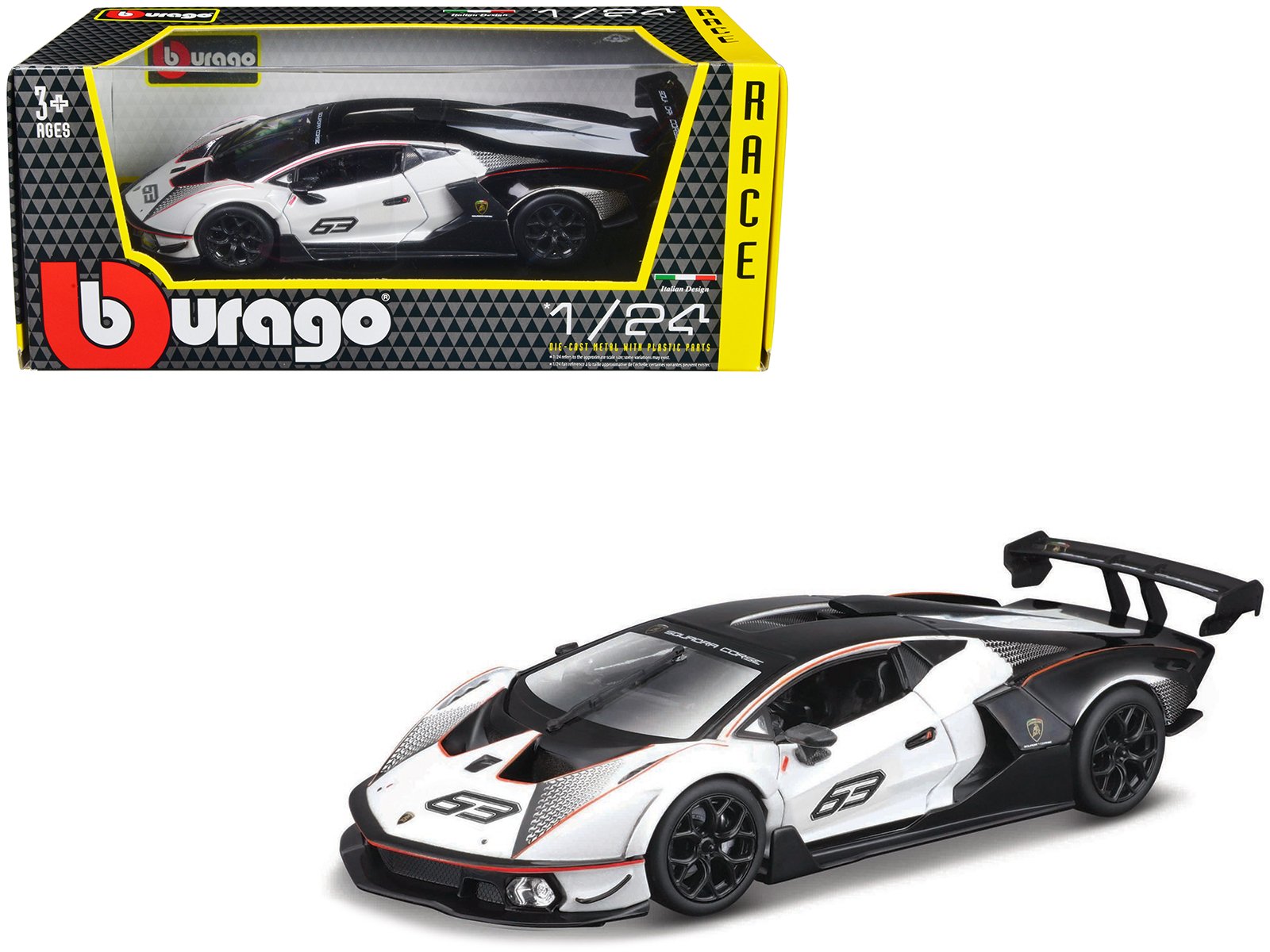 lamborghini essenza scv12 #63 white and black "squadra corse" "race" series 1/24 diecast model car by bburago lamborghini essenza scv12 #63 white and black "squadra corse" "race" series 1/24 diecast model car by bburago