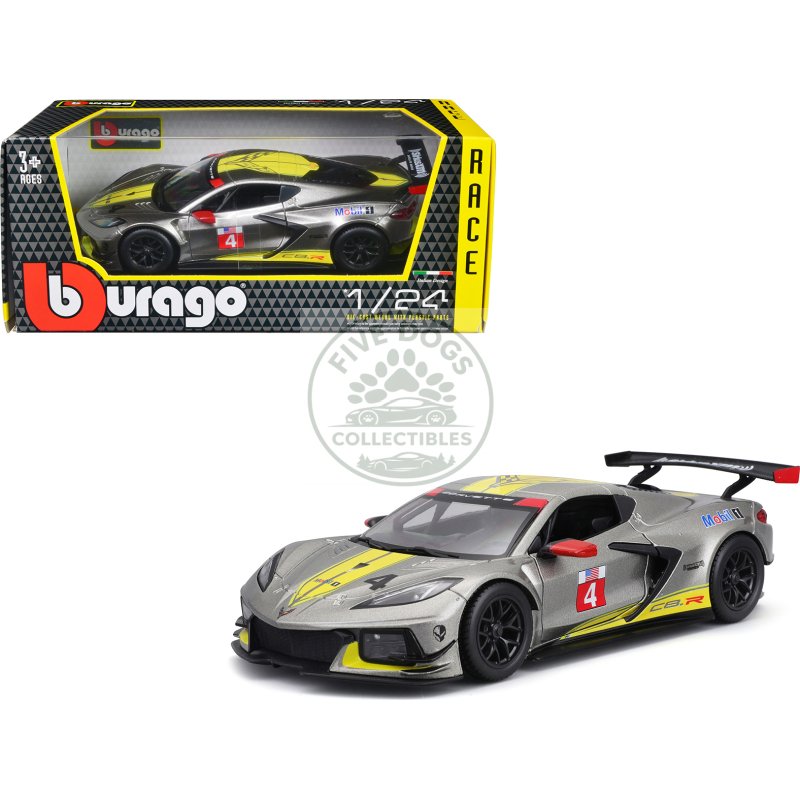2020 chevrolet corvette c8.r #4 silver metallic with yellow stripes "race" series 1/24 diecast model car by bburago