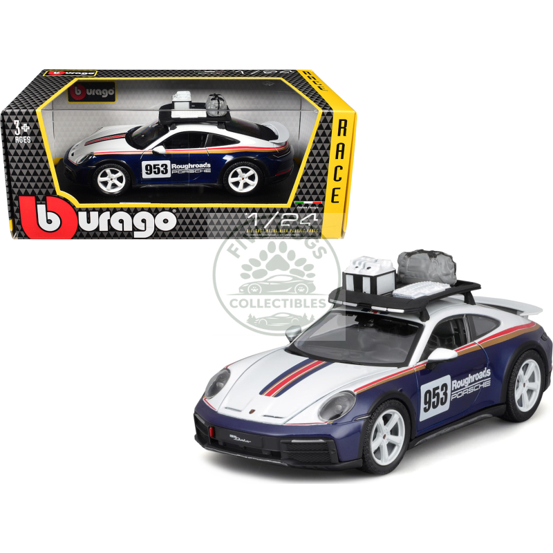 porsche 911 dakar #953 "roughroads porsche" blue and white with stripes and roof rack "race" series 1/24 diecast model car by bburago