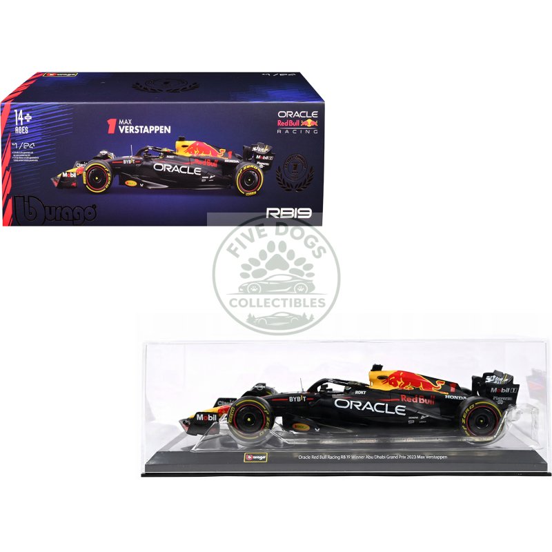 red bull racing rb19 #1 max verstappen "oracle" winner formula one f1 championship "drivers' champion" (2023) with display case 1/24 diecast model car by bburago