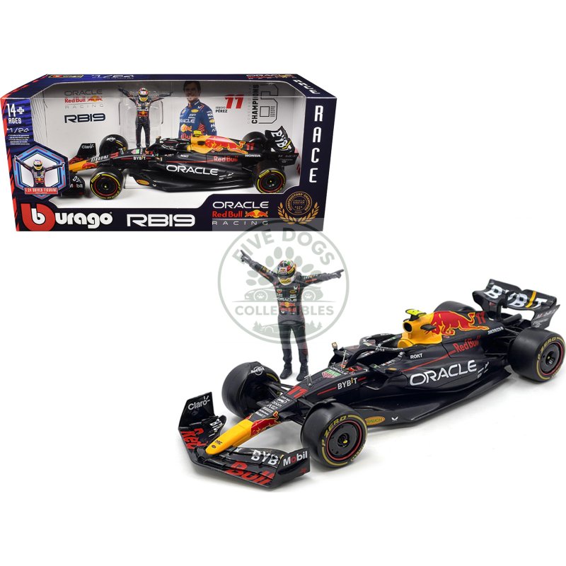 red bull racing rb19 #11 sergio perez "oracle" formula one f1 championship "constructor champions" (2023) with driver figure 1/24 diecast model car by bburago