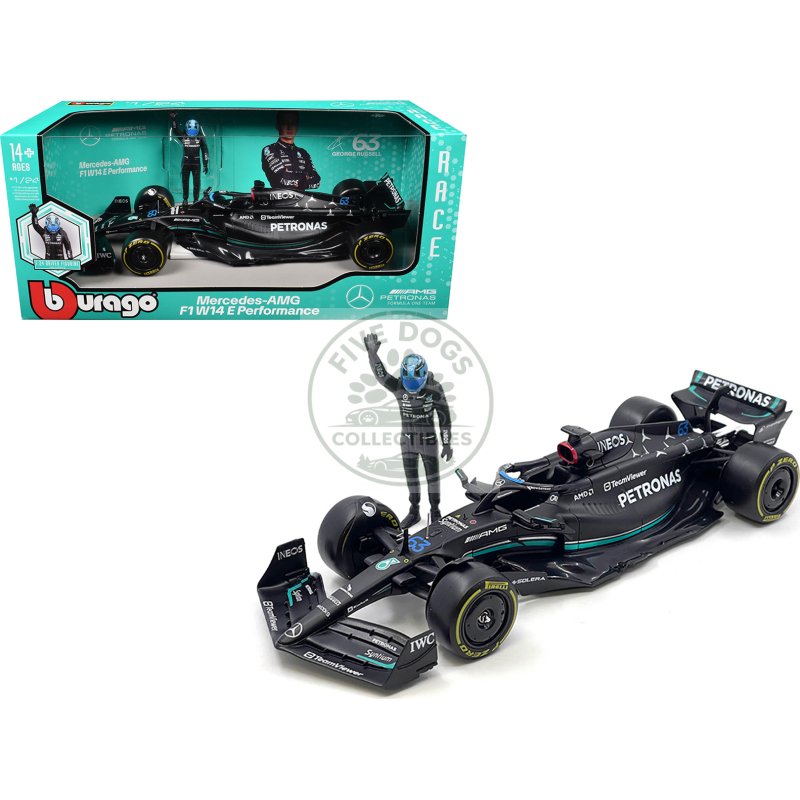 mercedes amg w14 e performance #63 george russell "petronas" formula one f1 world championship (2023) with driver figure 1/24 diecast model car by bburago