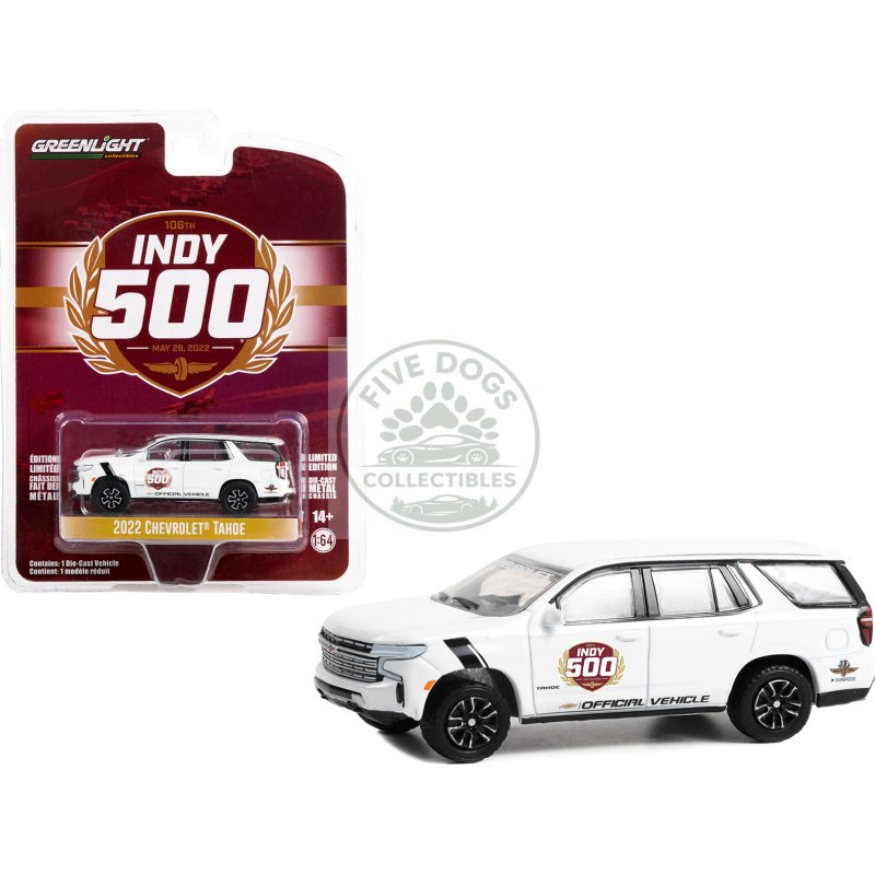 2022 chevrolet tahoe white "106th running of the indianapolis 500 official vehicle" (2022) "anniversary collection" series 15 1/64 diecast model car by greenlight