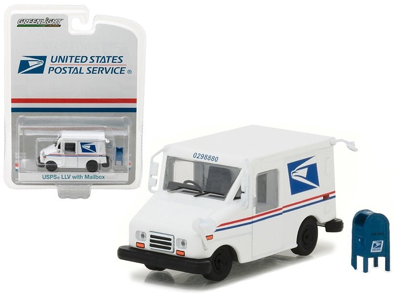 "united states postal service" (usps) long life postal mail delivery vehicle (llv) with mailbox accessory "hobby exclusive" 1/64 diecast model car by greenlight "united states postal service" (usps) long life postal mail delivery vehicle (llv) with mailbox accessory "hobby exclusive" 1/64 diecast model car by greenlight